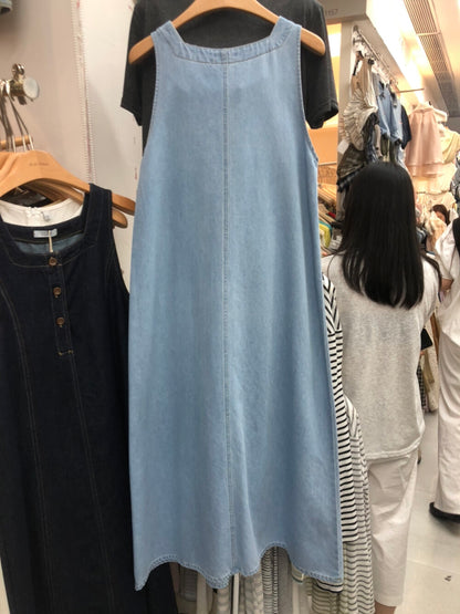 Women's Light Blue Denim Sleeveless Maxi Dress Square Neck Button Front Cotton Jean Dress