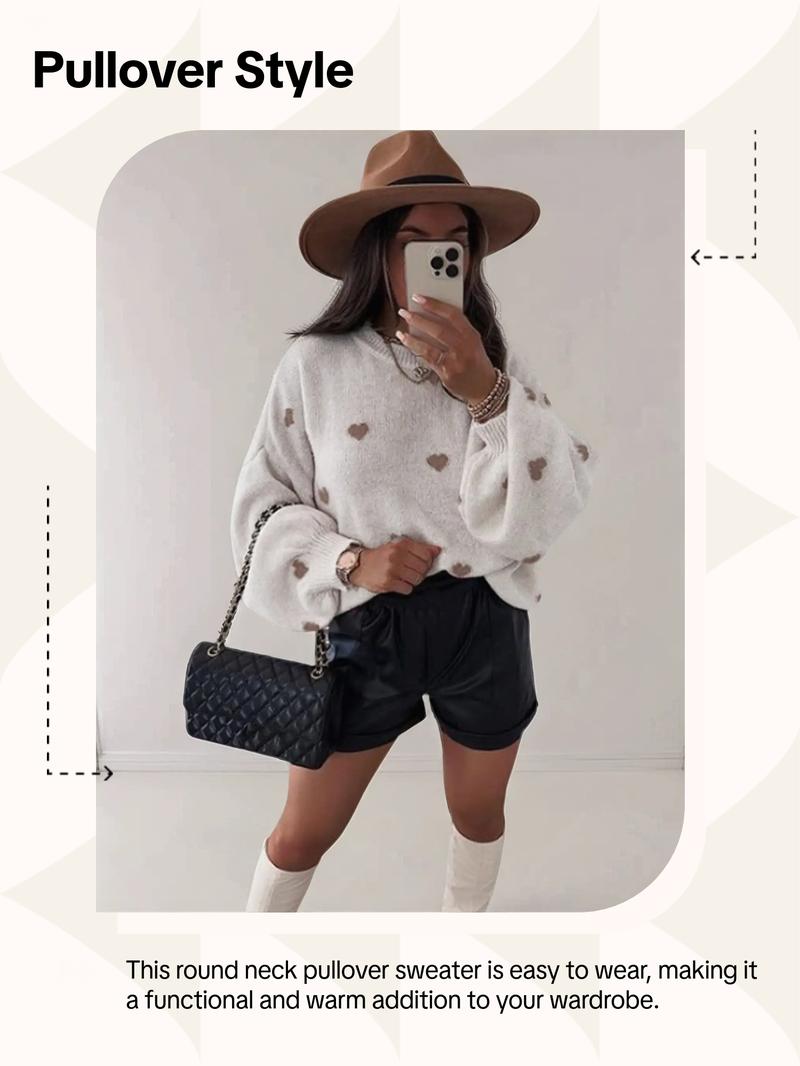 Women's All Over Heart Print Drop Shoulder Sweater, Casual Long Sleeve Round Neck Jumper for Fall & Winter, Fashion Ladies' Knitwear for Daily Wear - Seldom Seen Styles