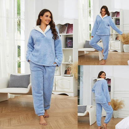 XiaRan Women's Fluzzy Sherpa Fleece Pajamas Warm Pullover Lapel Sleepwear Sets