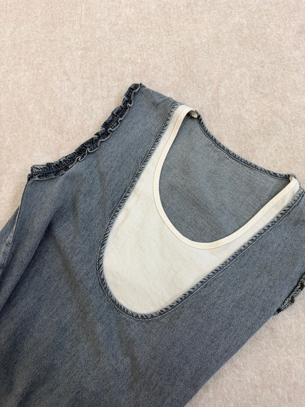 Women's Denim Fake Two-Piece Sleeveless U-Neck A-Line Midi Dress Ruffle Shoulder Detail with Free Mini Bag Dark Navy Blue Grey One Size - Seldom Seen Styles