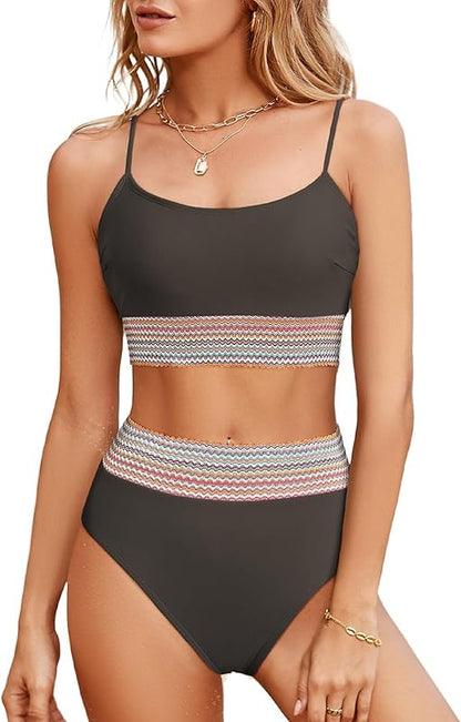 Women's Bikini Sets Colorblock Trim 2 Piece High Waisted Swimsuit Scoop Neck Adjustable Spaghetti Straps Bathing Suit - Seldom Seen Styles