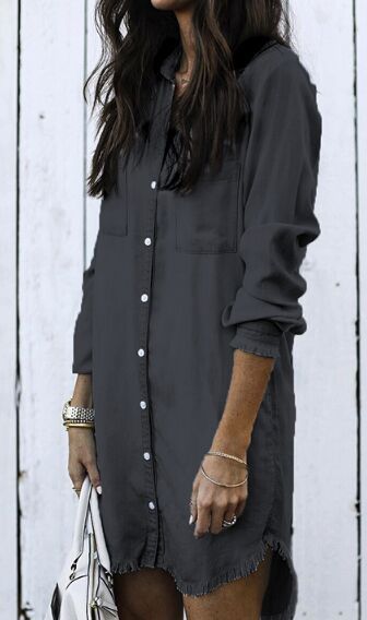 Women Denim Shirt Dresses Long Sleeve Distressed Jean Dress Button Down Casual Tunic Top