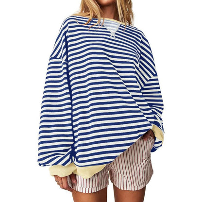 【Up To 3XL】Fisace Christmas Womenswear Striped Oversized Sweatshirt Color Block Crew Neck Long Sleeve Shirt Casual Loose Pullover Top Y2K Clothes back to school