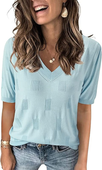 Cloz Womens Sweaters Soft Fall 2024 Fashion Versatile Dressy Blouse Short Sleeve Knit Lightweight Tops Summer Trendy