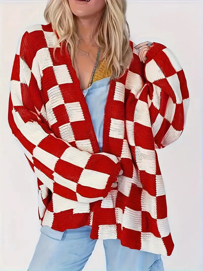 Plus Size Plaid Print Drop Shoulder Cardigan, Casual Long Sleeve Open Front Knitwear for Fall & Winter, Women's Plus Clothing for Daily Wear, Style