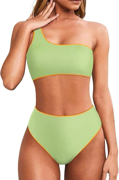 Women One Shoulder High Waisted Bikini Tie High Cut Two Piece Swimsuits - Seldom Seen Styles