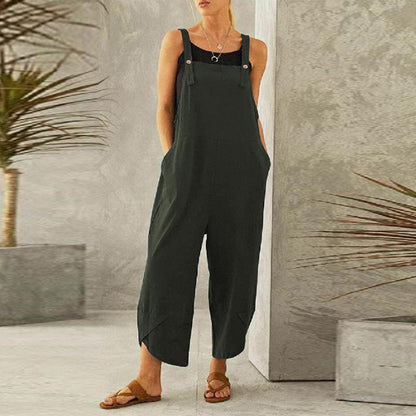 Women's Sleeveless Cotton Linen Overalls Rompers Baggy Wide Leg Jumpsuits