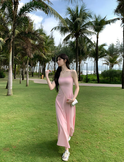 Solid Color Spaghetti Strap Maxi Dress with Built-in Non-Removable Bra Pad Dopamine Color Slim Fit Sleeveless Summer Dress