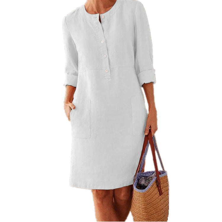 2024Cross-Border Spring New Amazon AliExpress Popular plus Size Women's Clothing Cotton and Linen round-Neck Long-Sleeved Dress