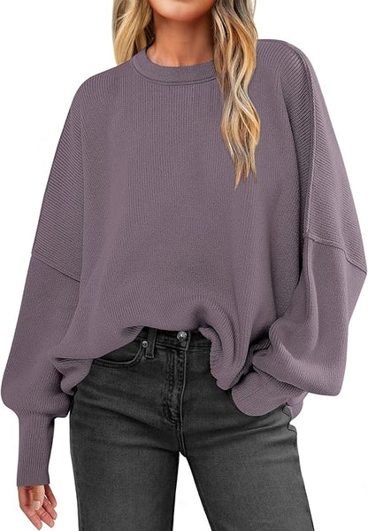 ANRABESS Women Crewneck Batwing Long Sleeve 2024 Fall Oversized Side Slit Ribbed Knit Pullover Sweaters Top Cozy Outfits