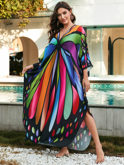 [Plus Size] Butterfly/feather Print Ruched Split Hem Tunic Dress, Valentine's Day Elegant Batwing Sleeve V Neck Long Dress for Summer, Casual Womenswear, Gift, Homecoming Dresses, Women's Clothes for Beach Holiday Vacation, Moo Moo Dresses