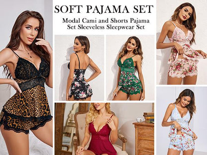 Women's Elegant Camisole Set with Floral Lace Cups & Adjustable Spaghetti Straps Soft Modal Fabric Pajama Set for Holiday & Daily Wear Casual Drawstring Pajamas Set