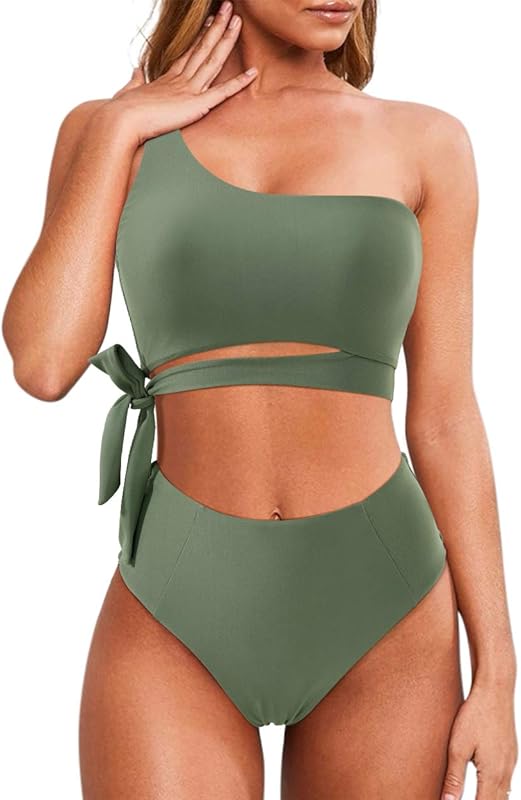 Women One Shoulder High Waisted Bikini Tie High Cut Two Piece Swimsuits - Seldom Seen Styles