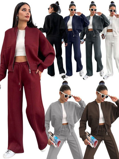 Women's Solid Zip Up Crop Jacket & Drawstring Waist Pants Two-piece Set, Casual Fashion Drop Shoulder Long Sleeve Top & High Waist Trousers Womenswear Suits for Outdoor Wear, Women's Clothing for Spring & Fall 90s Clothes