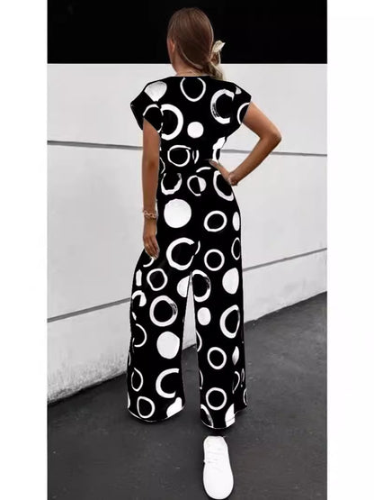 2024Cross-Border European and American New Amazon Fashion Elegant CasualVCollar High Waist Print Wide Leg Belt Jumpsuit