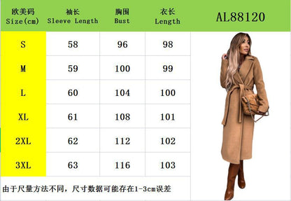 Long-Sleeved Woolen Coat Simple Lace up Trench Coat Autumn Winter Women's Clothing Solid Color Polo Collar