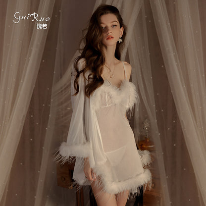 Womens Sexy 3 Piece Fuzzy Lingerie Set Transparent Tulle Nightshirt With Robe and G-String
