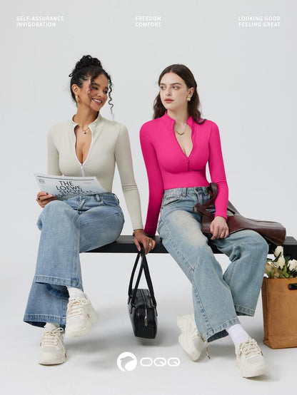 Women's 2 Piece Bodysuits Sexy Ribbed One Piece Zip Front Long Sleeve Tops Bodysuits