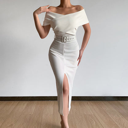 2024Spring and Summer New Elegant Graceful Commute Minimalist Young Europe and America Cross Border New off-the-Shoulder Belt Dress with Vents