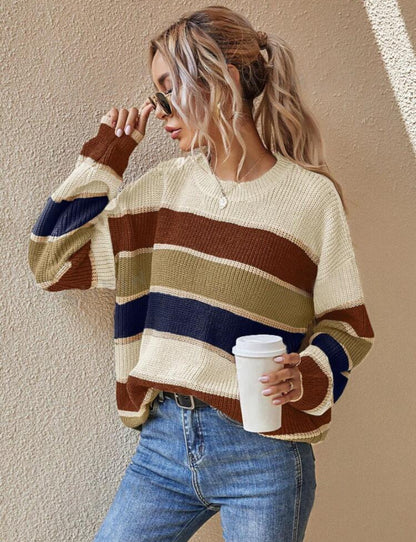 Women's Colorblock Striped Print Drop Shoulder Sweater, Soft Casual Long Sleeve Round Neck Jumper for Fall & Winter, Fashion Ladies' Knitwear for Daily Wear