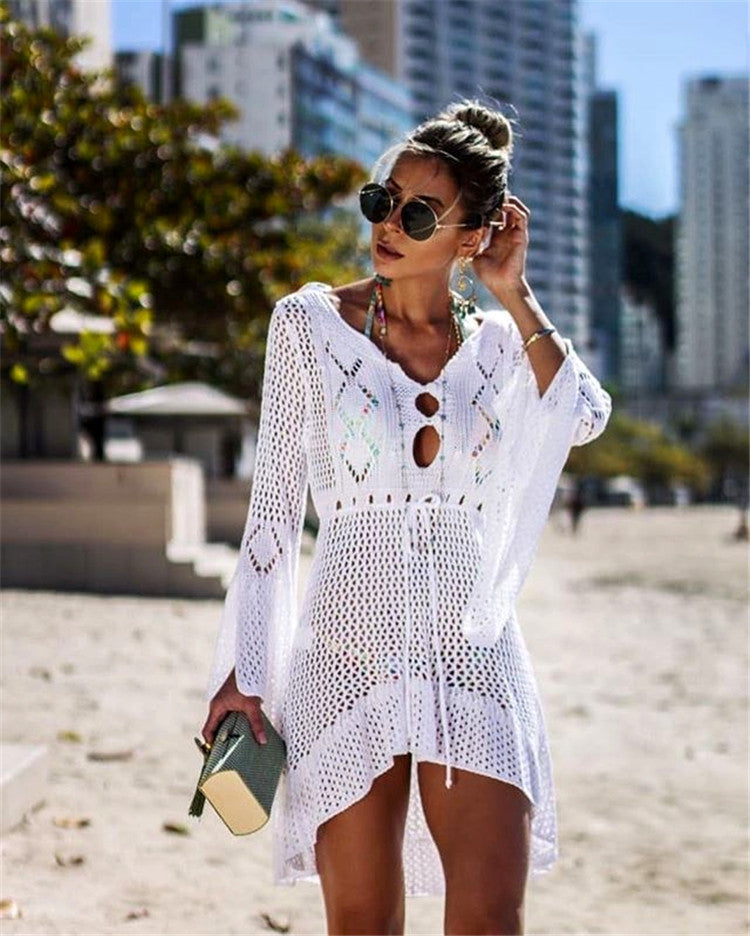 Hollow-out Sun Protection Shirt Bell Sleeve Beach Cover-up Bikini Cover  Hot Knitwear Swimsuit