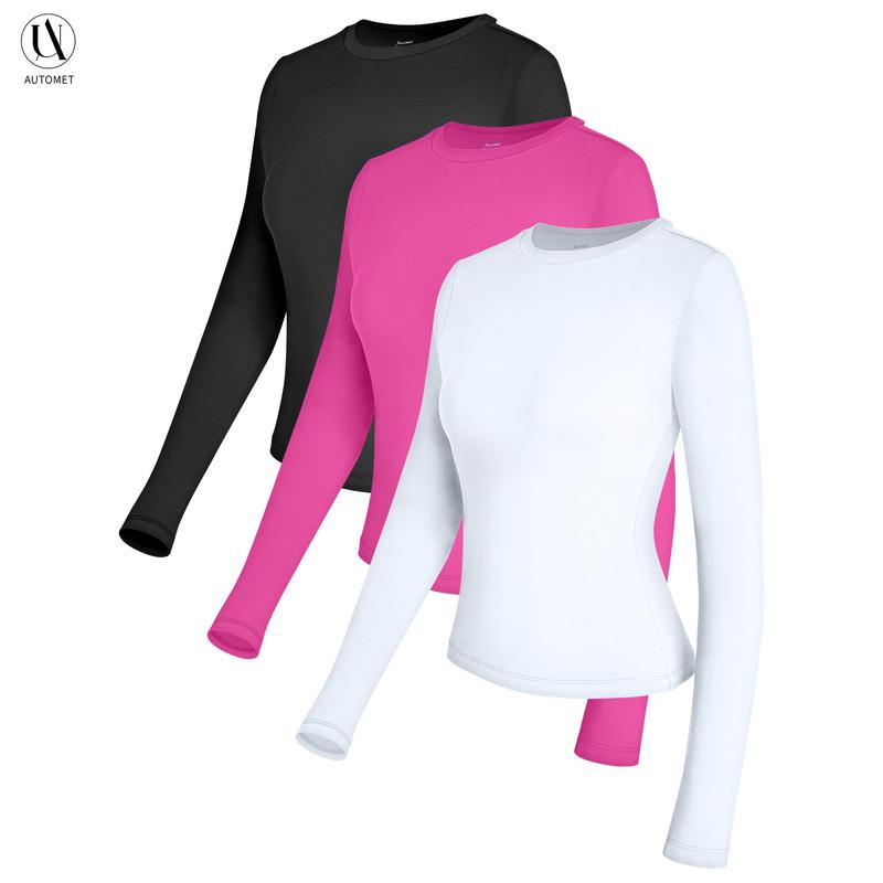 AUTOMET Women's 3-Piece Long Sleeve Shirts Basic Crop Tops Going Out Fall Fashion Underscrubs Layer Slim