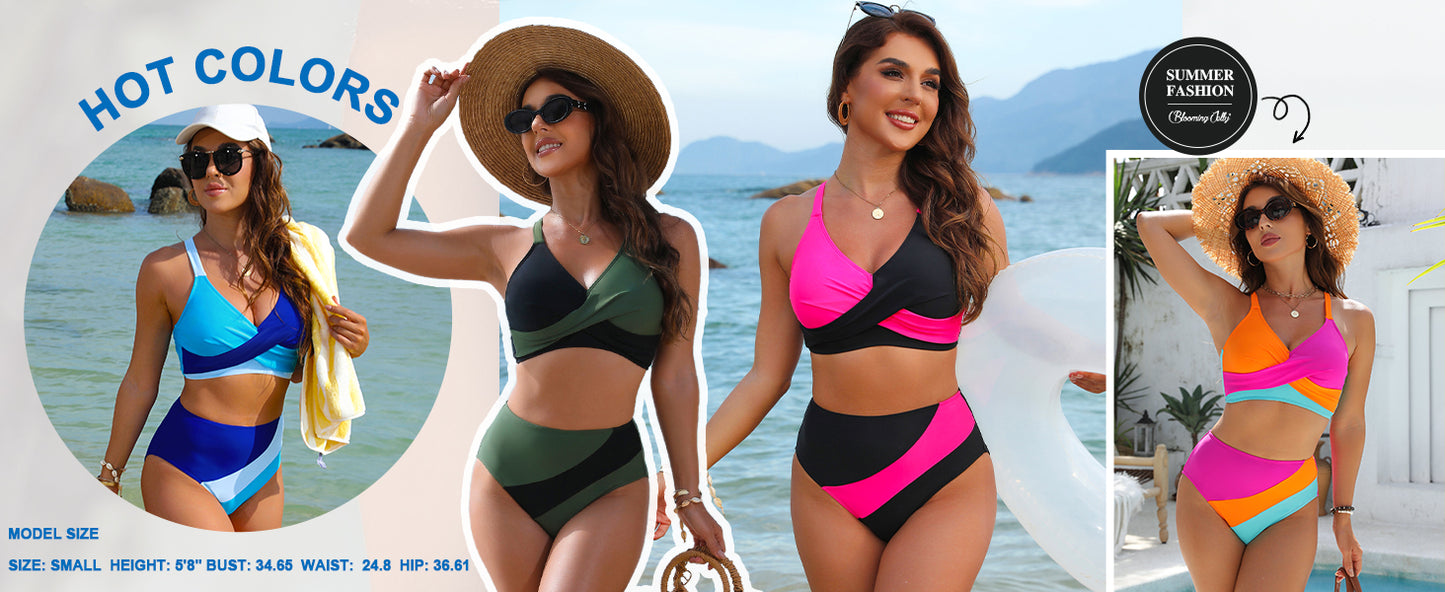 Womens High Waisted Bikini Sets Criss Cross Two Piece Swimsuits Color Block Full Coverage Bathing Suits - Seldom Seen Styles