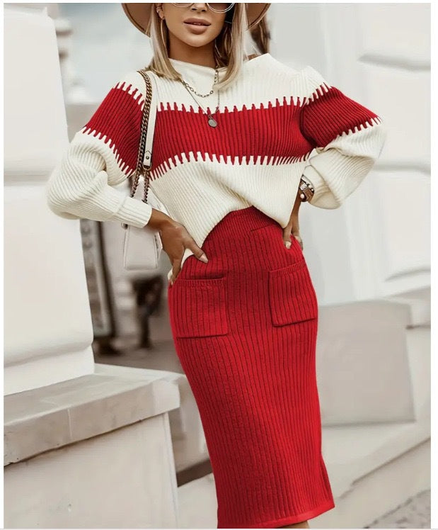 Women's Elegant Knitwear Set - Color Block Ribbed Sweater with Mock Neck and Long