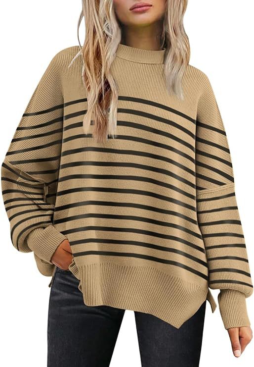 Women's Oversized Batwing Sweaters 2024 Fall Outfits Crewneck Ribbed Knit Side Slit Trendy Pullover Tops