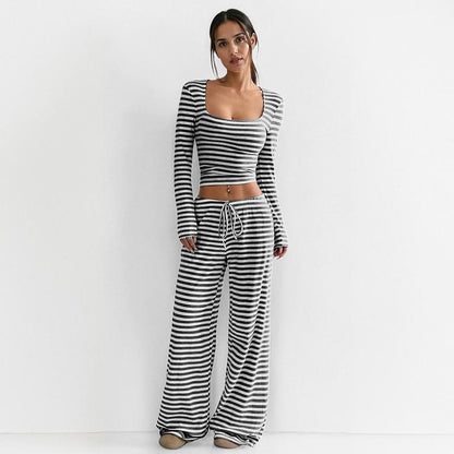 Women's Slouchy Square Neck Stripe Long Sleeve Crop Top & Low-Rise Wide Leg Trousers Co-ord, Minimalist Two Piece Outfits, Cozy Womenswear