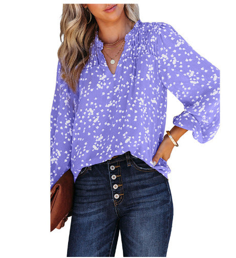 Dokotoo Damen Casual V-Ausschnitt Alicia Blumendruck Gesmokt Langarm Chiffon Blusen Bohemian Top Shirts 