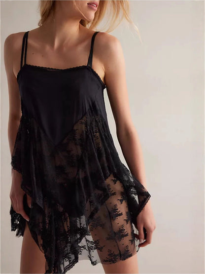 Women Lace Trim Satin Camisole Top Silky Spaghetti Strap V Neck Cami Top Flowy Asymmetrical Going Out Tank Tops