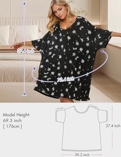Plus Size Nightgown for Women V-Neck Sleep  Dress Pjs Lounge Short Sleeves Sleepwear With Pocket Fit S-5XL Pajamas Elastic Loungewear Breathable Fabric - Seldom Seen Styles