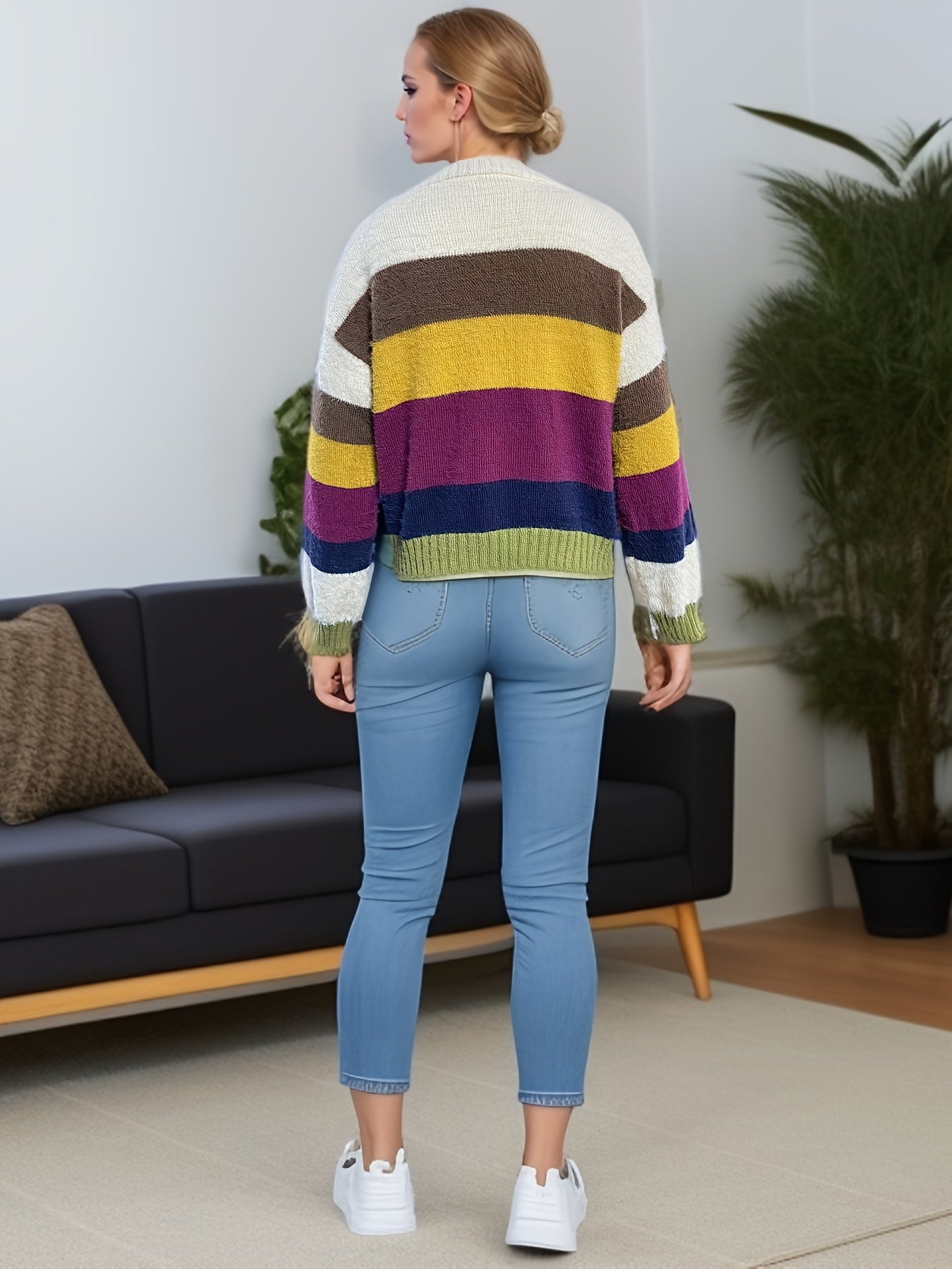 Gestreifter Pullover mit Rundhalsausschnitt, lässiger Pullover mit langen Ärmeln und überschnittenen Schultern, Damenbekleidung