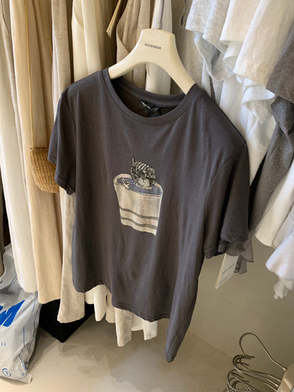 Vintage Katzen-T-Shirt mit Grafik – Süßer Kätzchen-Print, lockere Passform, lässiger Stil im Korea-Look