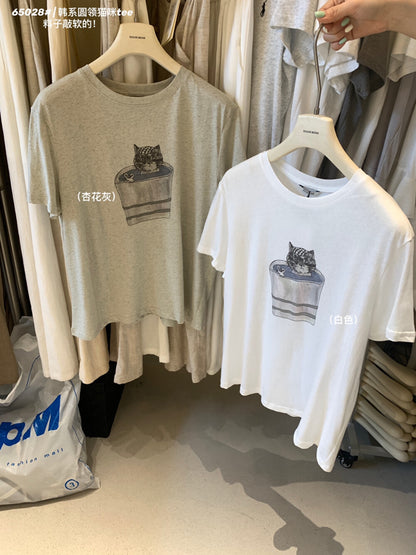 Vintage Katzen-T-Shirt mit Grafik – Süßer Kätzchen-Print, lockere Passform, lässiger Stil im Korea-Look