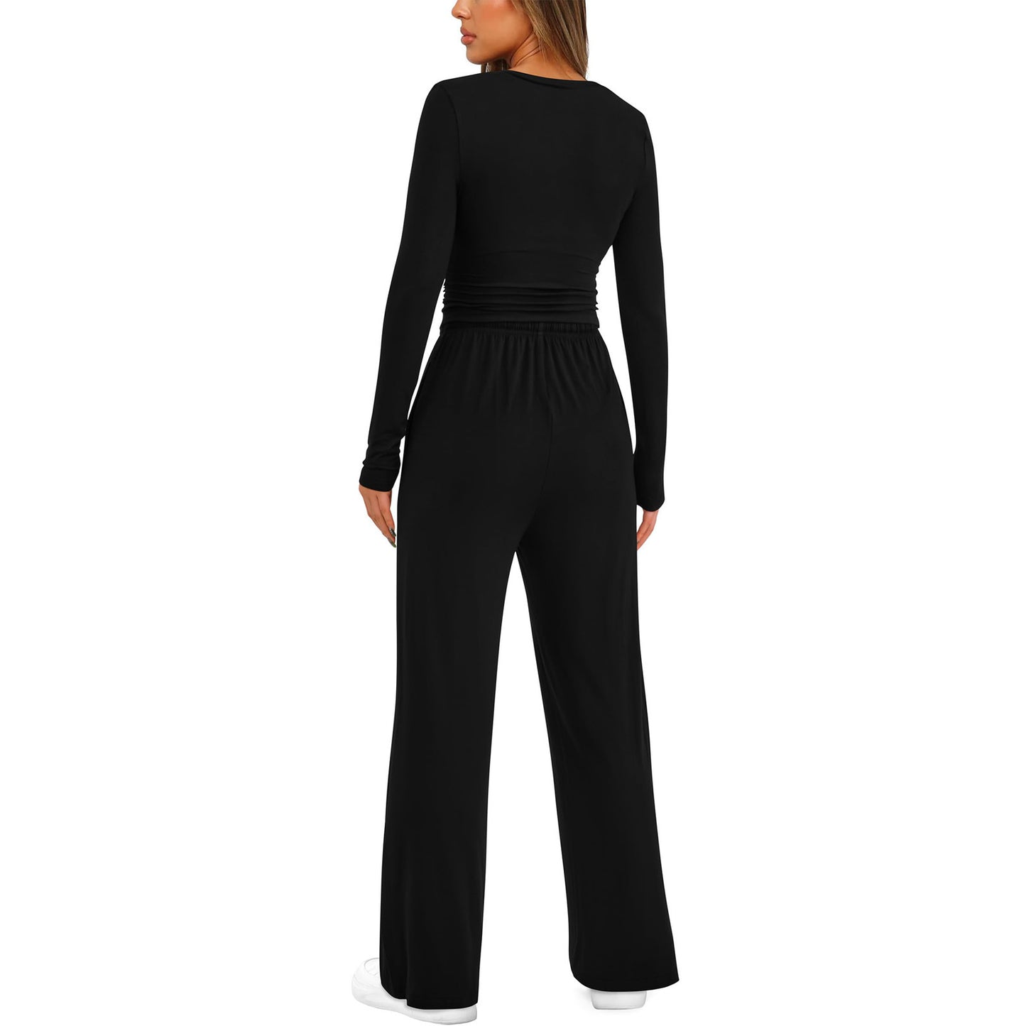 Autumn Solid Color Casual Suit Waist Pleated Long Sleeve Top with Trousers