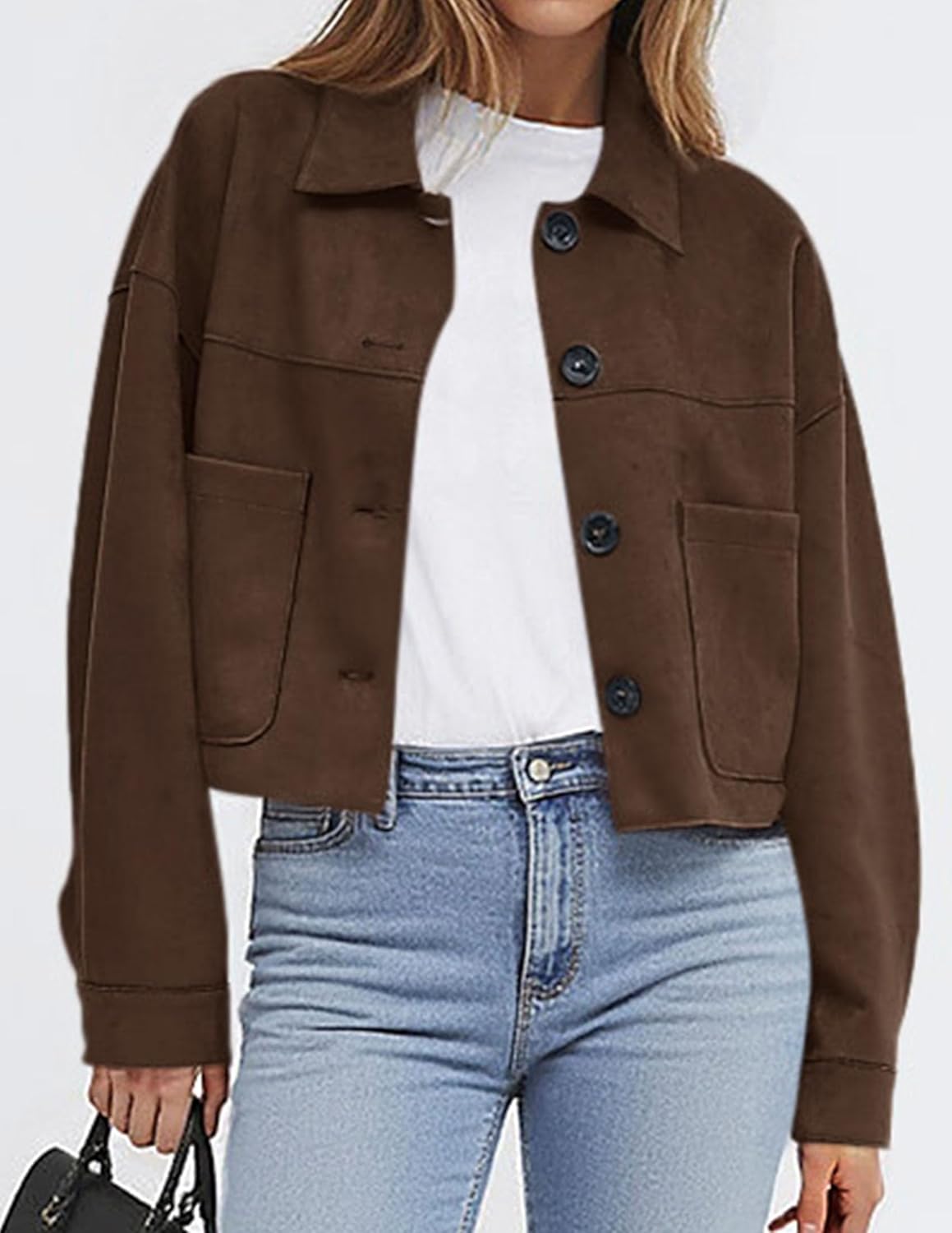 Women's Faux Suede Cropped Jacket Casual Lightweight Fall Fashion 2025 Winter Coats Outerwear Trendy Clothes - Seldom Seen Styles