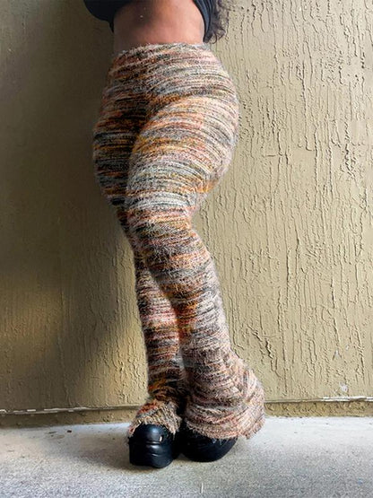 Women's Striped Print Flare Leg Fuzzy Sweater Pants, Casual Street Comfy Knit Bell Bottom Trousers For Fall & Winter, Women's Knitwear For Daily Wear