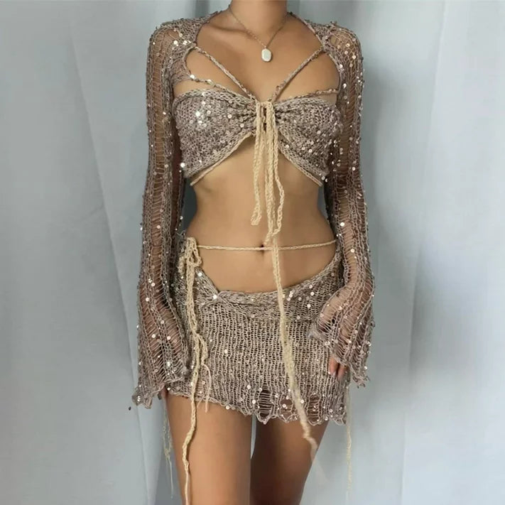 Knitted Sequin Crop Top and Skirt Matching Set - Seldom Seen Styles