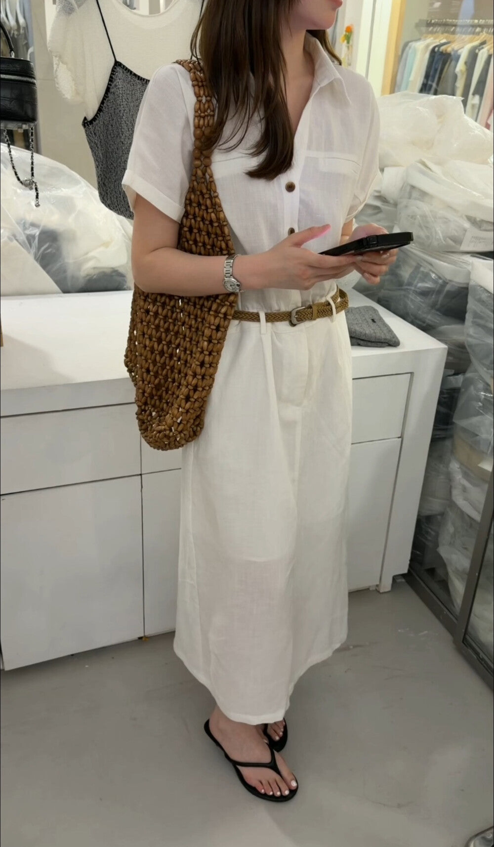 French Style Collared Short Sleeve Shirt Dress A-Line Midi Dress with Woven Belt Included White Black Khaki - Seldom Seen Styles