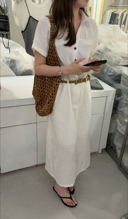 French Style Collared Short Sleeve Shirt Dress A-Line Midi Dress with Woven Belt Included White Black Khaki