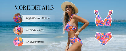 Women Bikini Sets 2 Piece Swimsuit High Waisted Bottom Floral Print Ruffle V Neck Bathing Suits - Seldom Seen Styles