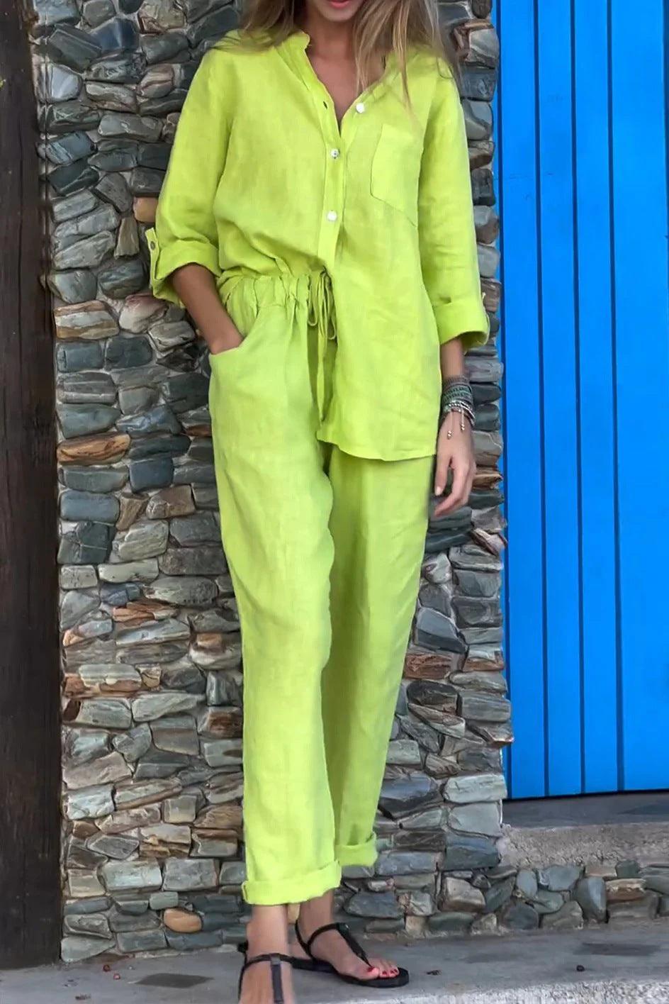 Casual Solid Color V-Neck Shirt & Pants Cotton Linen Two-Piece Set - Seldom Seen Styles