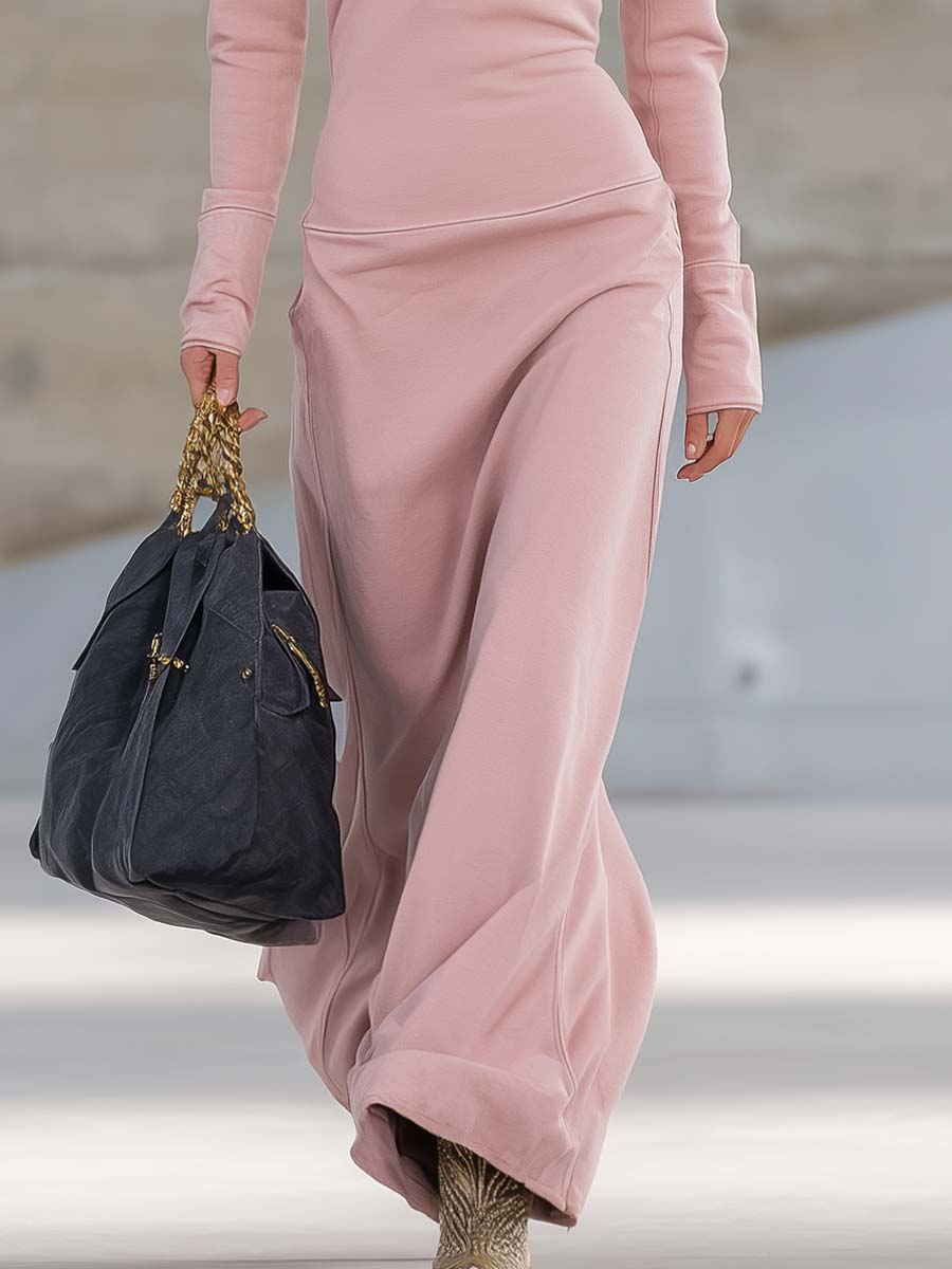 Elegant Retro Sporty V-neck Front Zipper Long-sleeved Pink Maxi Dress - Seldom Seen Styles
