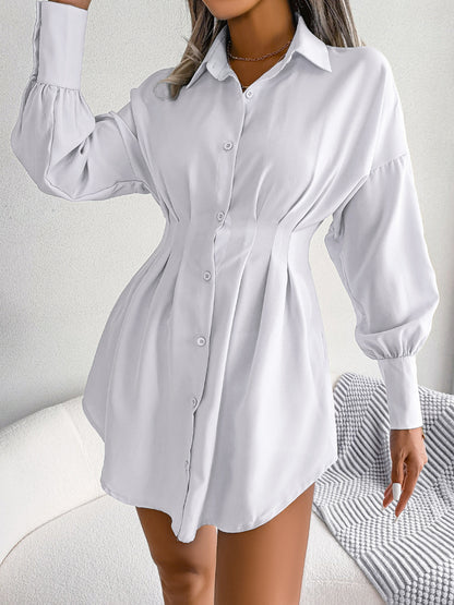 Women's Button Down Shirt Dress, Long Sleeve, Pleated Waist, Multiple Color Options Available