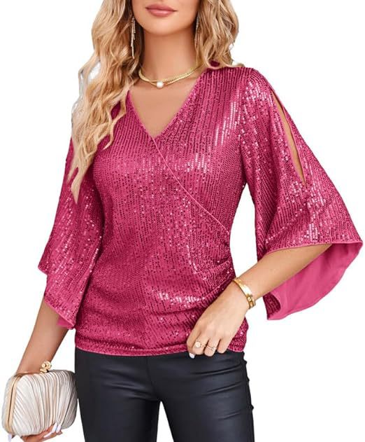 Womens Sequin Tops 3/4 Sleeve Glitter Sparkly Party Blouse V-Neck Dressy Tops for Evening Party