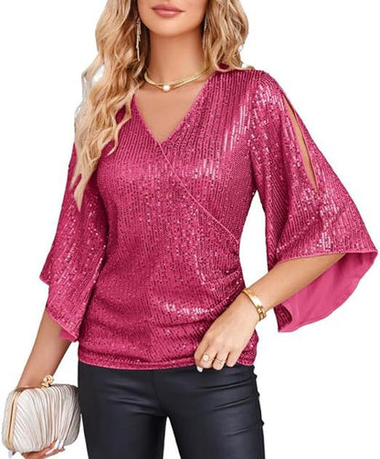 Womens Sequin Tops 3/4 Sleeve Glitter Sparkly Party Blouse V-Neck Dressy Tops for Evening Party