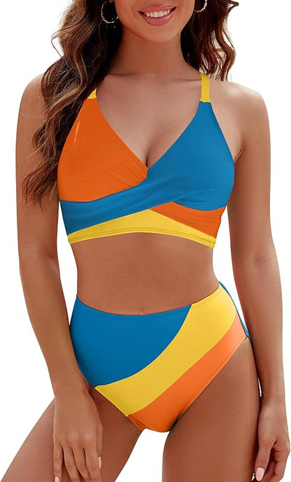 Womens High Waisted Bikini Sets Criss Cross Two Piece Swimsuits Color Block Full Coverage Bathing Suits - Seldom Seen Styles