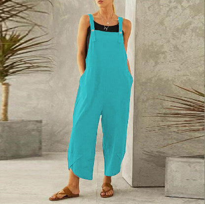 Women's Sleeveless Cotton Linen Overalls Rompers Baggy Wide Leg Jumpsuits